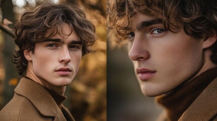 Poster - Warm golden bokeh effect accentuates soft features of a young man outdoors in autumn light