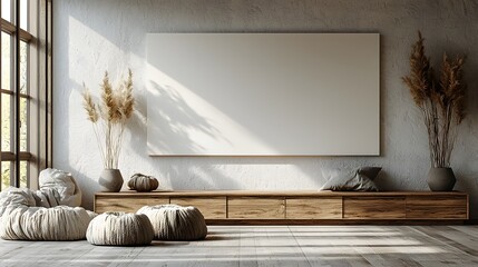 Fototapete - Minimalist and modern room interior with a blank white wall and a wooden cabinet below creating a clean and serene space ideal for showcasing design mockups 3D render