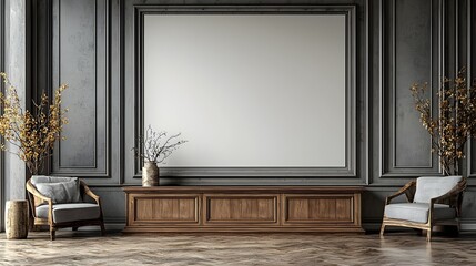 Aufkleber - Minimalist and clean room interior with a blank wall and a wooden cabinet below creating a modern and simple space for design mockups 3D renders and digital artwork showcasing