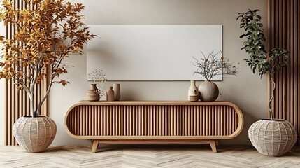 Fototapete - Stylish and modern interior wall featuring a sleek and minimalist wooden cabinet surrounded by blank space creating a perfect backdrop for showcasing artwork or product mockups