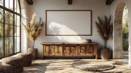 Fototapete - Simple and elegant interior featuring a wooden cabinet and blank wall space ideal for product mockup artwork display or home The 3D rendered scene showcases a warm