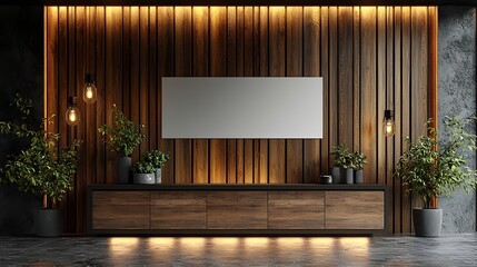 Aufkleber - Minimalist contemporary interior with a wooden cabinet at the base and a blank wall display above perfect for showcasing artwork photography or adding a creative design mockup