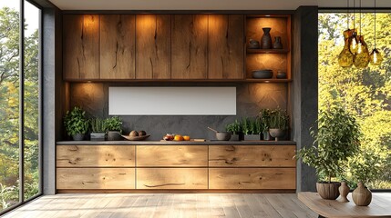 Aufkleber - Contemporary wooden cabinet with blank wall interior setting featuring ample space and natural lighting for product display creative mockup or design showcase