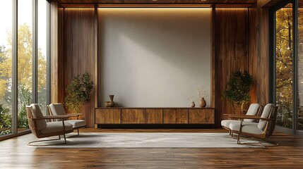 Aufkleber - Minimalist and functional interior design featuring a sleek wooden cabinet and an empty wall creating a warm natural and sophisticated design space perfect for a living room home office