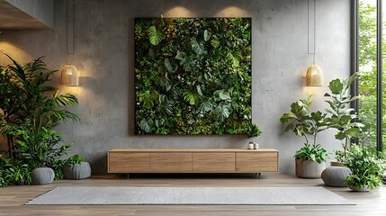 Fototapete - Blank wall mockup in a minimalist modern room setting with a wooden cabinet below providing an ideal backdrop for showcasing artwork designs or digital installations  The clean