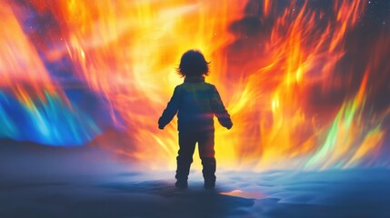 Poster - Child illuminated by vibrant colors, standing against a radiant background during a mystical experience