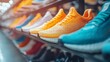 © A4719 - Colorful Athletic Shoes Displayed on Store Shelf Modern Sneakers Retail