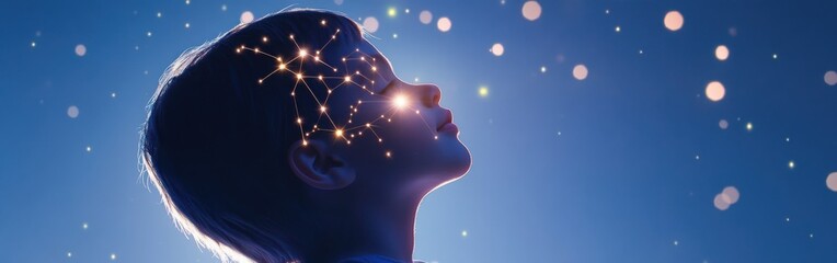 Poster - Child illuminated by glowing constellations showcasing wonder and imagination in a tranquil nighttime setting