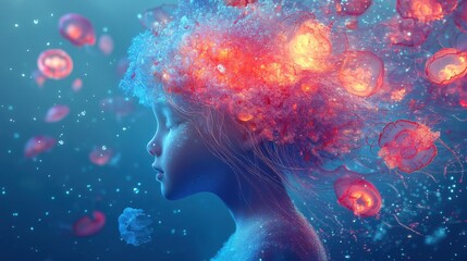 Aufkleber - Serene profile of a child surrounded by glowing jellyfish in a dreamlike underwater setting