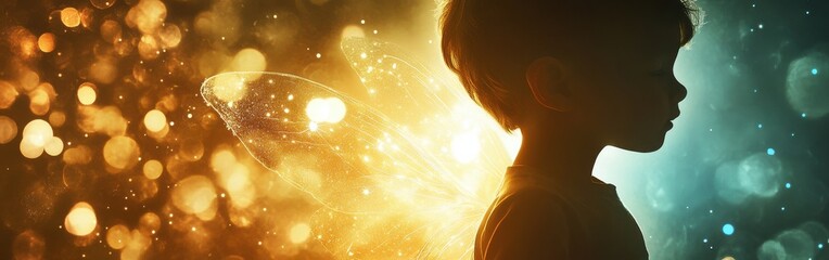 Poster - Child with glowing wings surrounded by sparkling lights in a dreamlike setting during twilight