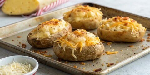 Wall Mural - Baked potatoes on a baking sheet with cheese, potato dishes, crispy potatoes