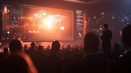 Poster - Engaging discussion on global trends and technology at a modern conference with a professional audience