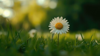 Wall Mural - single daisy flower blooming in green grass under sunlight