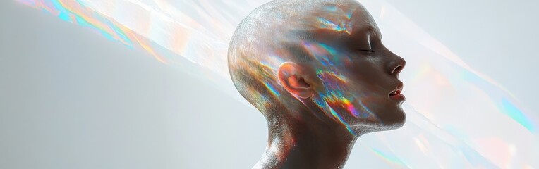 Aufkleber - Mystical profile of a man illuminated by colors, showcasing a serene and ethereal expression against a soft background