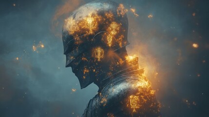 Aufkleber - Mystical profile of a warrior illuminated by ethereal flames and ancient symbols in a dark ambiance