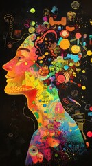 Aufkleber - Mystical profile of a man filled with vibrant, colorful patterns and creative elements depicting thoughts and imagination