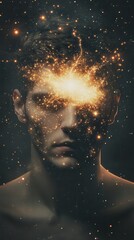 Aufkleber - Mans face glowing with mystical energy and stars in a cosmic display