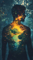 Poster - Man glowing with a vibrant landscape shining through in a mystical forest setting during twilight