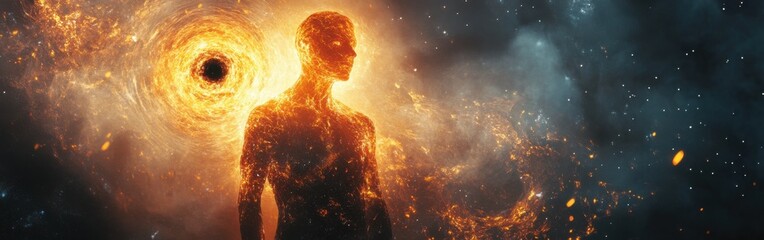 Poster - Man glowing with cosmic energy in a surreal space environment during a starry night