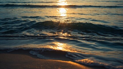 Wall Mural - golden sunlight reflecting on gentle waves at dusk along a tranquil beach shoreline