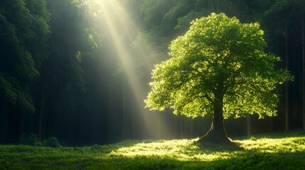 Sticker - Sunbeams Illuminating a Single Tree in a Forest