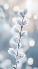 Fototapete - Bright white and pale silver bokeh dots surround frosted branch in winter light