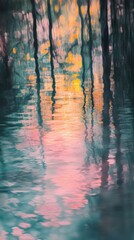 Poster - Reflections of pink and yellow hues in serene waters during twilight hours in a tranquil natural setting