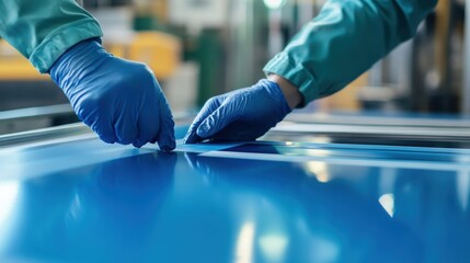 Two factory workers wearing gloves are carefully examining a blue product on an assembly line, ensuring quality control in a modern manufacturing facility