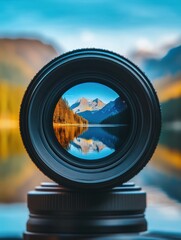 Aufkleber - Close-up view of a camera lens reflecting serene mountain landscape during golden hour