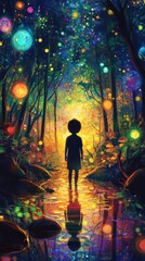 Poster - Child glowing with vibrant colors in enchanting forest at twilight surrounded by sparkling orbs of light