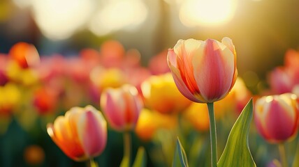 Wall Mural - vibrant tulips blooming in garden during sunset