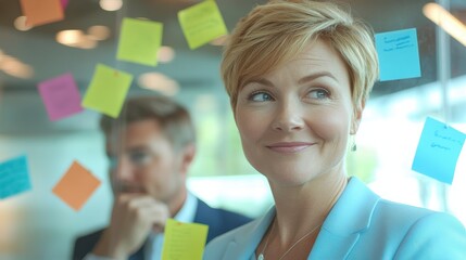 Poster - Engaging office environment featuring a woman smiling in front of colorful sticky notes while a man reflects thoughtfully