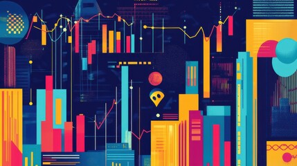 Poster - Vibrant depiction of iconic investor stories showcasing market trends and financial growth