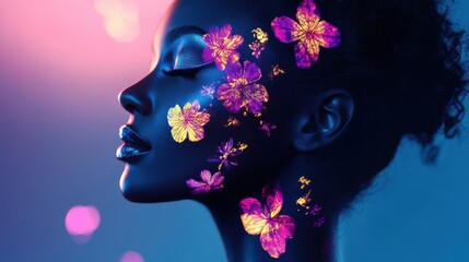 Poster - Vibrant silhouette of a woman with colorful flower patterns against a dreamy background at dusk