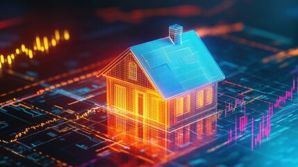 Poster - Vibrant digital artwork of a futuristic home intertwined with colorful data analytics