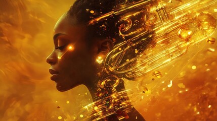 Poster - Surreal glowing representation of a woman amidst abstract golden swirls and hues in a dreamlike atmosphere