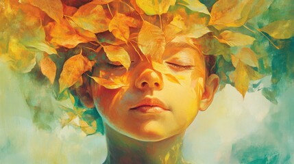 Aufkleber - Surreal portrait of a child's glowing face surrounded by vibrant autumn leaves in a dreamlike setting
