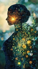 Poster - Silhouette of a glowing woman surrounded by vibrant nature in a surreal setting at twilight