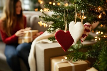 Wall Mural - Handmade heart ornaments hanging on a christmas tree create a warm and festive atmosphere in a cozy home setting