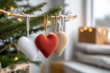 Wall Mural - Close-up of festive heart-shaped ornaments adorning a christmas tree branch, creating a warm and cozy holiday atmosphere