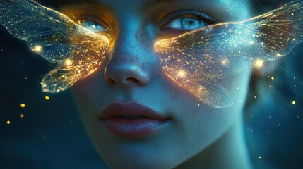 Poster - Glowing portrait of a serene woman with enchanting butterfly-like reflections in her eyes under a night sky
