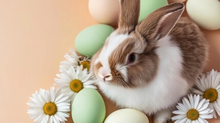 Wall Mural - adorable easter bunny surrounded by colorful pastel eggs and fresh daisies on a matching background,