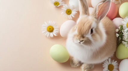 Wall Mural - cute easter bunny surrounded by colorful pastel eggs and daisies on a peach background, creating a l