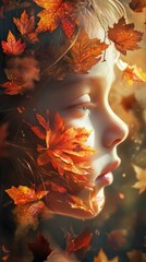 Aufkleber - Mystical glow of a child's face surrounded by autumn leaves in a serene forest setting during golden hour