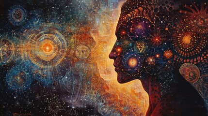 Poster - Mystical profile of a man filled with celestial patterns and cosmic energy in a vibrant universe