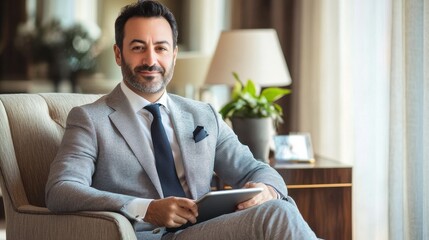 Aufkleber - Professional man in a stylish suit sits comfortably in an upscale office setting holding a tablet