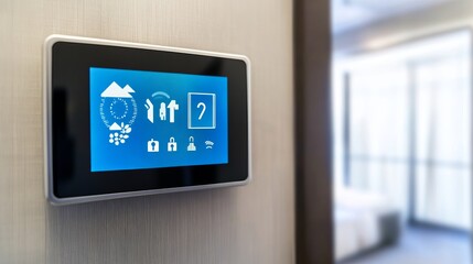 Wall Mural - a sleek smart thermostat with a focus on its touch screen interface, clean wall setting with minimal