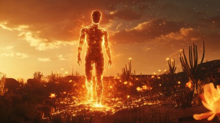 Poster - Glowing man walking through a desert landscape at sunset surrounded by cacti and glowing flowers