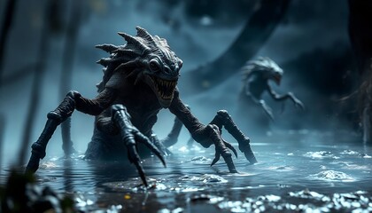 Menacing Aquatic Creature: Dark Fantasy Swamp Scene