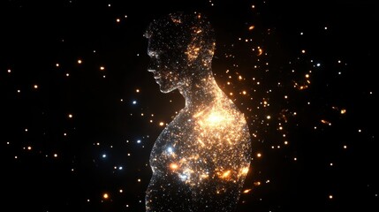 Poster - Man surrounded by cosmic energy, glowing with vibrant light in a dark space representing creation and potential